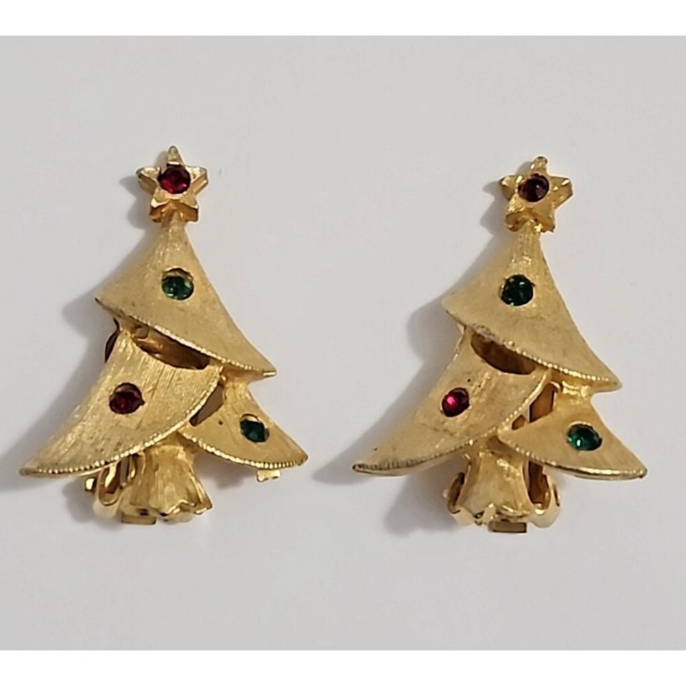 Vintage Christmas Tree Clip On Earrings Red Green Rhinestones Brushed Gold Tone